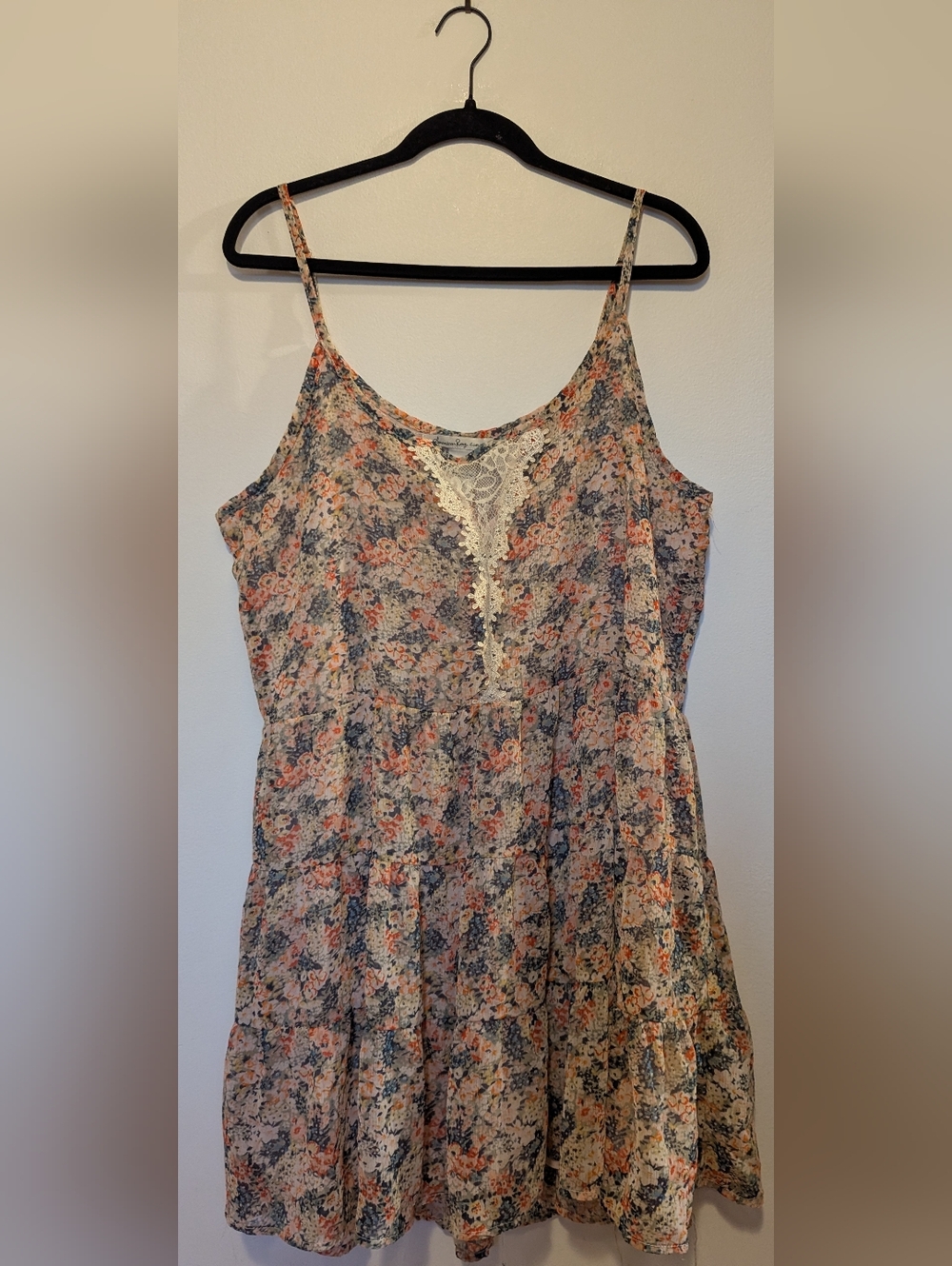 American Rag Pink and Blue Floral Lace Trimmed Mini Sundress sz XL Cottagecore